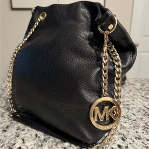 Michael Kors Black Leather Shoulder Bag with Gold Hardware and MK Charm